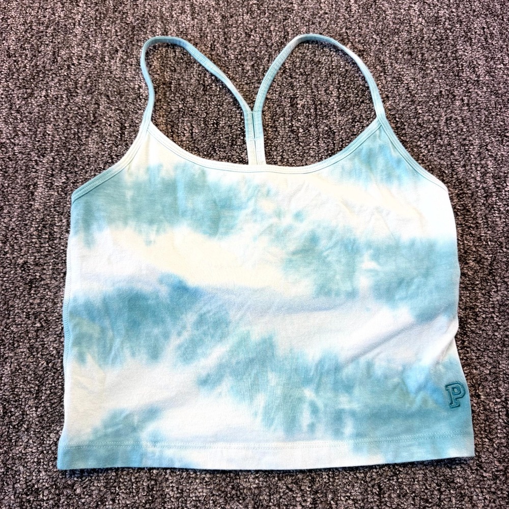 Victoria's Secret Pink Cropped Tank Top Womens S White Blue Tie Dye Thin Straps
